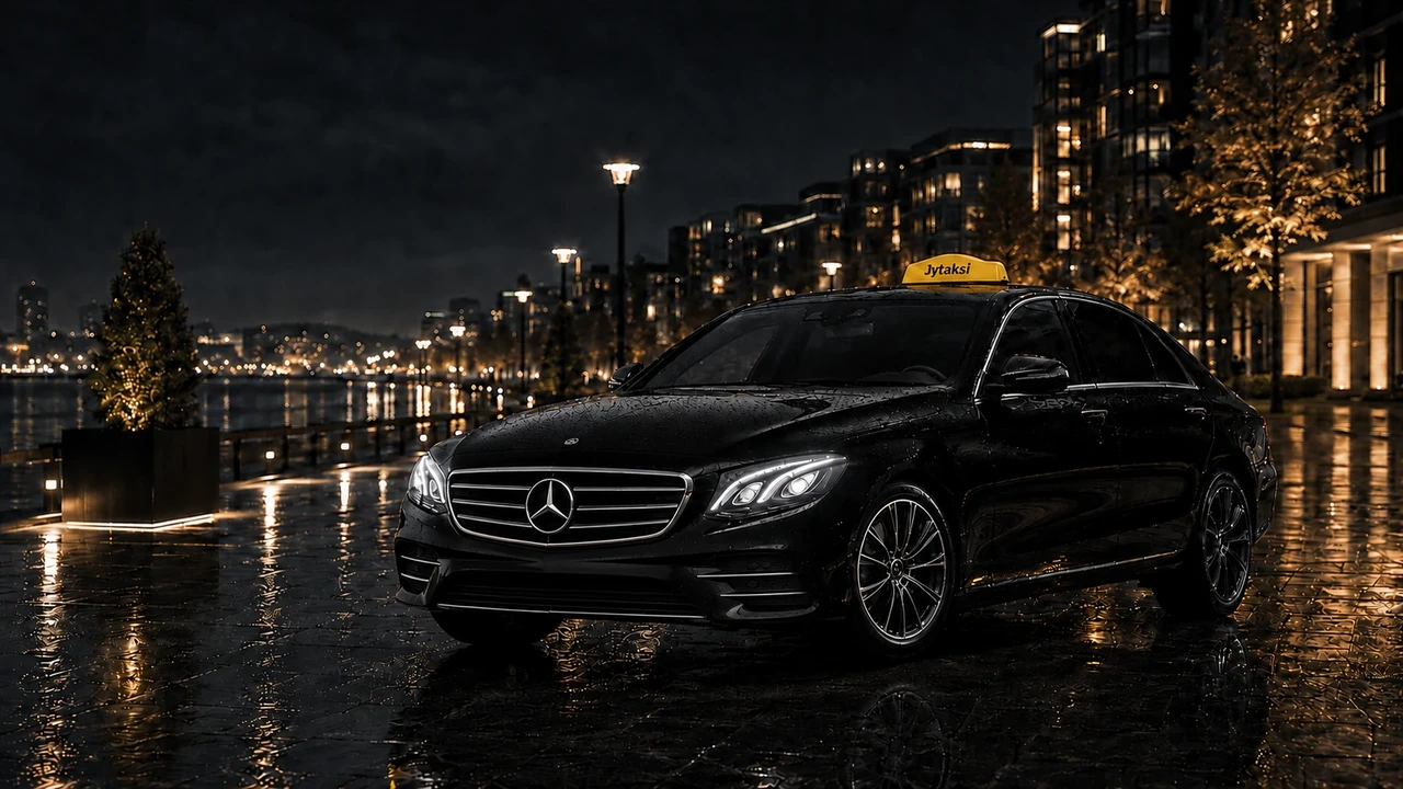 Musta Mercedes-Benz E-sarjan Jyvästaksi ehjällä etupuskurilla iltavalaistussa Jyväskylän kaupunkimiljöössä